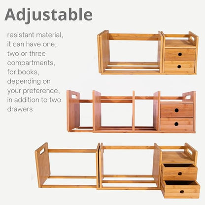 ECOHOME Desktop Bookshelf Expandable with Two Drawer Organizers Made of Bamboo, Collapsible Design & Compartments for Efficient, Clutter-Free Workspace Organization - Sleek Bookshelf