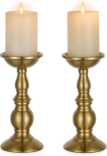 NUPTIO Pillar Candle Holder Brass: Gold Tall Candles Stand for Christmas New Year Party Centerpiece - Large Metal Candleholder Decorative for Table Fireplace Decor(2 x L)