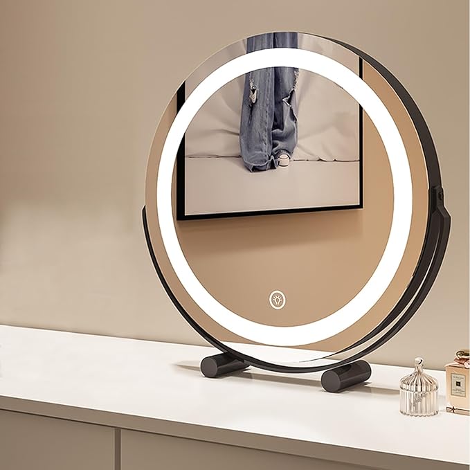 FERKAP Tabletop Vanity Mirror with Lights Lighted Makeup Mirror Touchscreen Control 3 Color Lighting Modes 360°Rotation High Definition Lighted Up Mirror (Color : Black, Size : 15.7"X17.3")