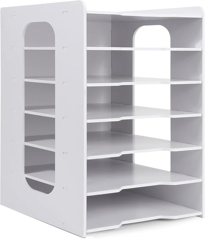 Paper Organizer Storage for Desk, 7 Tier Construction File Organizer Paper Sorter, Desktop Document Storage Holder for Home Office School, White