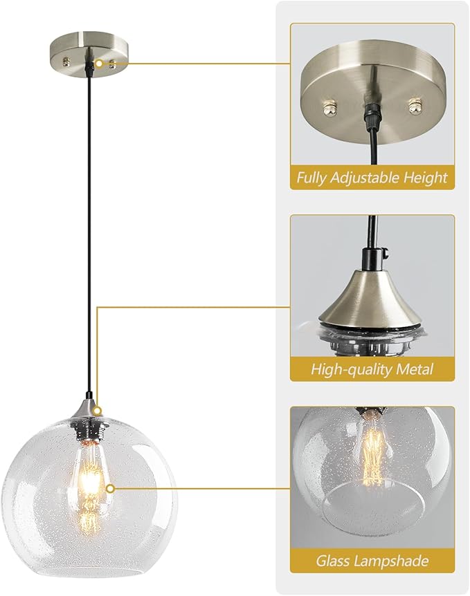 Clear Glass Pendant Lights Kitchen Island Lighting Globe Pendant Light Fixtures Modern Pendant Lighting for Kitchen Island Bedroom Living Dining Room Light Fixture(9.84in, 2-Pack)