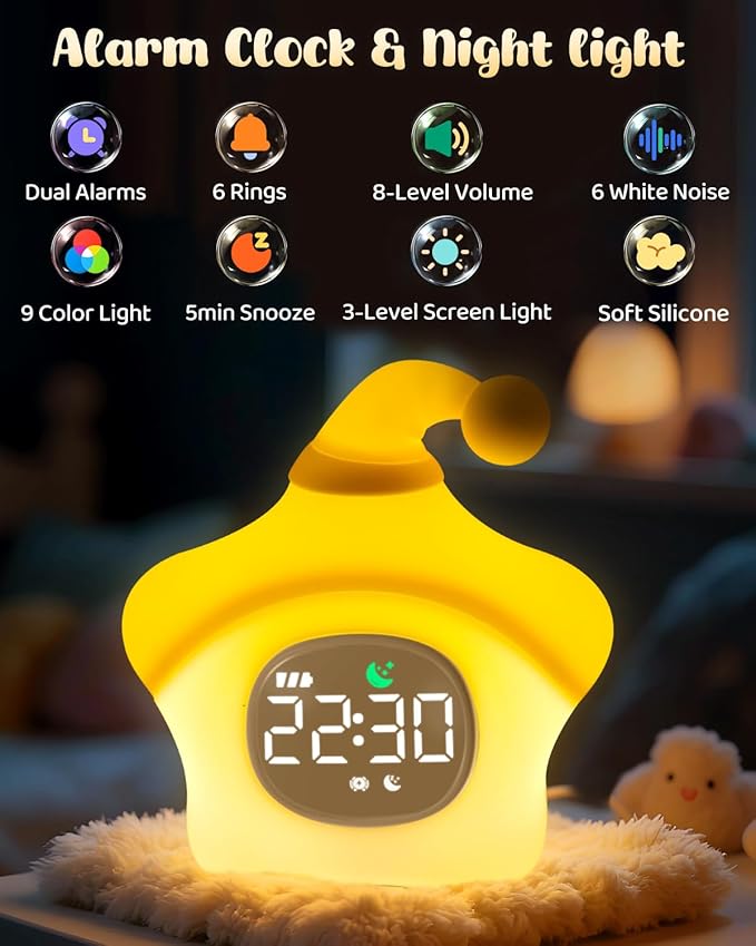 Star Alarm Clock with Night Light for Kids with Sleep Training and Sound Machine, Rechargeable Silicone Lamp OK to Wake Clock，Cute Animal Tabletop Lamp, Perfect Sleep Companion for Boys Girls, Yellow