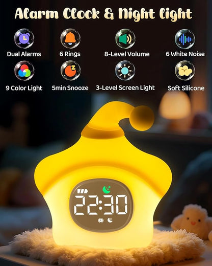 Star Alarm Clock with Night Light for Kids with Sleep Training and Sound Machine, Rechargeable Silicone Lamp OK to Wake Clock，Cute Animal Tabletop Lamp, Perfect Sleep Companion for Boys Girls, Yellow