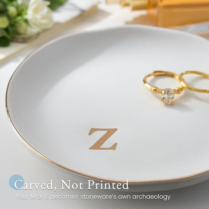Lolalet Handmade Ceramic Ring Dish Jewelry Tray Plate with Initial, Small Monogram Gift for Her Women Girls Mother, Hostess, Engagement, Bridal Shower, Maid of Honor, Bridesmaid, Birthday, Christmas