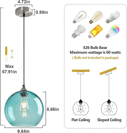 Light Blue Glass Pendant Lights Kitchen Island Globe Pendant Light Fixtures Modern Pendant Lighting for Bedroom Living Dining Room Light Fixture (9.84 in, 1 Pack)