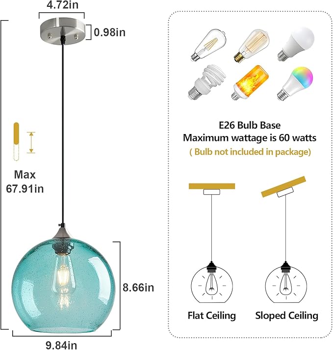 Light Blue Glass Pendant Lights Kitchen Island Globe Pendant Light Fixtures Modern Pendant Lighting for Bedroom Living Dining Room Light Fixture (9.84 in, 3 Pack)
