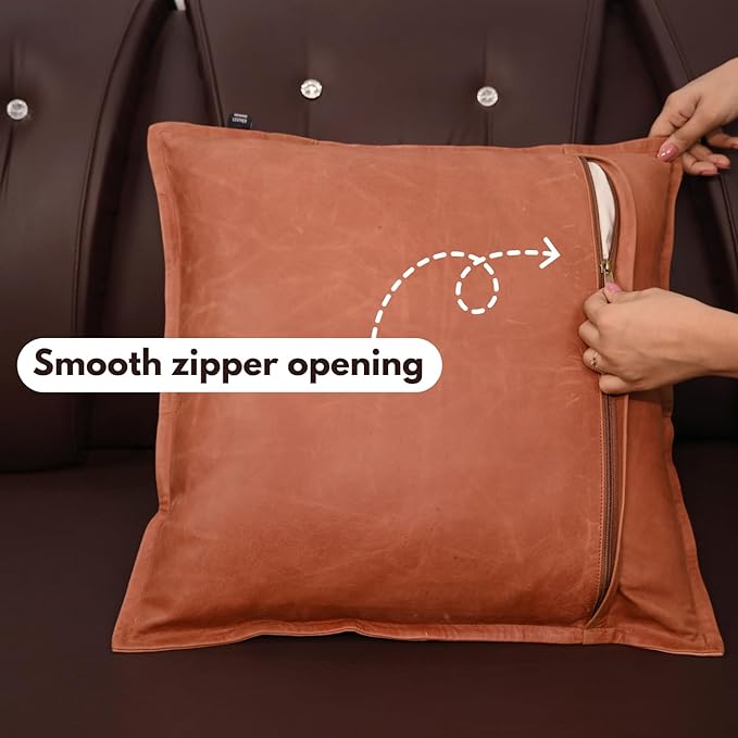 D DOLLY LAMB Lambskin Leather Pillow Cover - Sofa Cushion Case - Decorative Throw Covers for Living Room & Bedroom, 16x16 Inches - Orange Crunch Box Pack of 1
