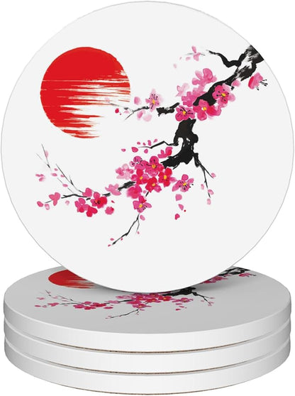 Drink Coasters Set of 4,Cherry Blossom Japanese Painting Coasters for Drinks Ceramic Coasters with Cork Bottom for Kinds of Mugs and Cups,Home Decor,4''