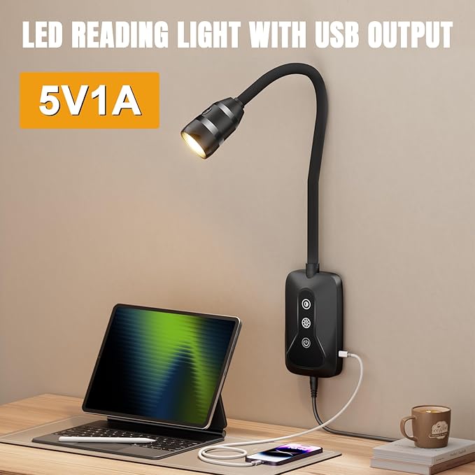 Wall Mounted LED Reading Light for Bed Headboard - 5 Color & Brightness Levels Dimmable Book Light with Touch/Wave Control, USB Output - Night Reading Lamp for Books in Bed