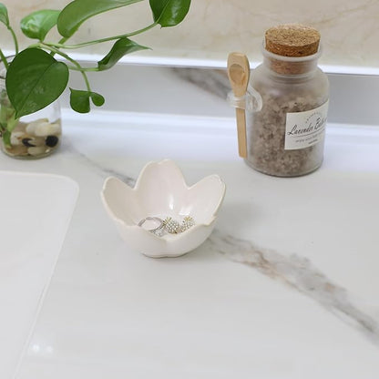 Flower Ring Dish Holder,Jewelry Dish Tray,Small Trinket Tray,Jewelry Plate Bowl,Key Bowl,Decorative Plate,Birtdhay Christmas Gifts for Women Friends,Ceramic Kiln effect White