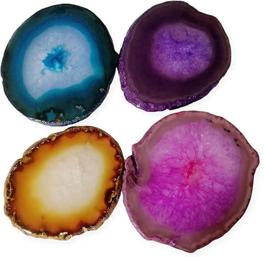 Agate Coaster for Drinks Mixed Color Crystal Coasters Set of 4 with Rubber Bumpers 3-4" for Coffee Wine or Bar Glasses