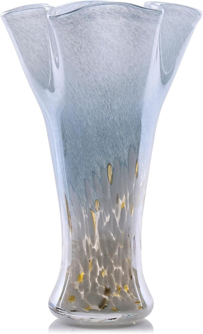 9.0"H Blue Glass Vases for Flowers, Unique Hand Blown Glass Vase Blue White Home Decor, Wide Mouth Colorful Flower Vase Centerpieces, For Living Room Table Bookshelf, Bathroom Office Shelf Decorative