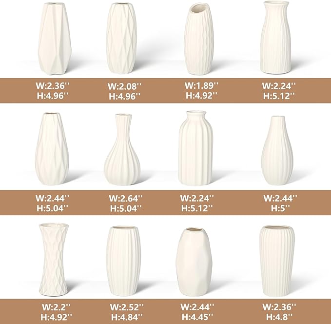 BEAHOT Ceramic Bud Vase Set of 12 - Glossy White Bud Vases: Unique Glazed Mini White Centerpiece for Flowers, Weddings, DIY Floral Decor - Boho & Modern Home Table Styling, Gift Ready