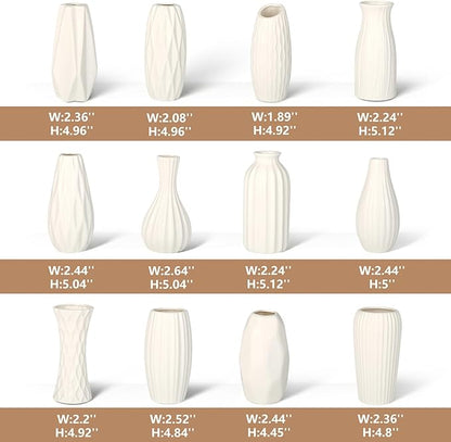 BEAHOT Ceramic Bud Vase Set of 12 - Glossy White Bud Vases: Unique Glazed Mini White Centerpiece for Flowers, Weddings, DIY Floral Decor - Boho & Modern Home Table Styling, Gift Ready