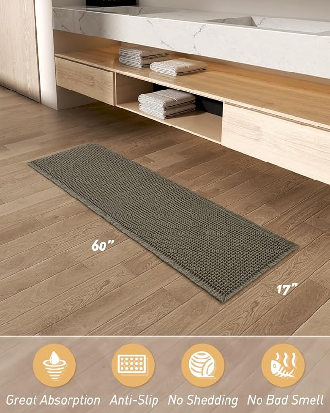 Upgraded Waffle Runner Rug, Super Absorbent Non Slip Bath Mats for Bathroom Floor, Machine Washable Bathroom Runner Rug with Tassels, Ideal for Hallway Bedroom Laundry Room, Dark Green, 17" x 60"