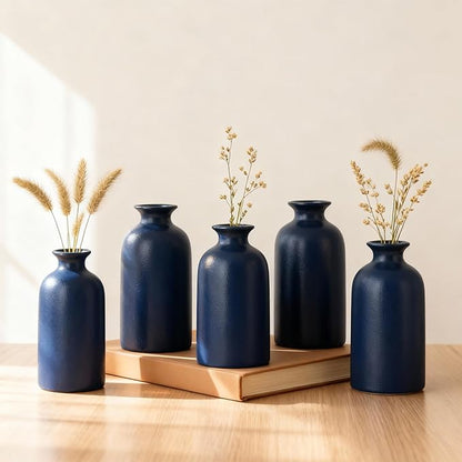 Blue Ceramic Bud Vases Set of 6 – 5 in Small Vases for Dried Flowers or House Plants, Modern Boho Decorative Vases for Wedding, Home, Table Centerpieces, Mantel or Office Decor