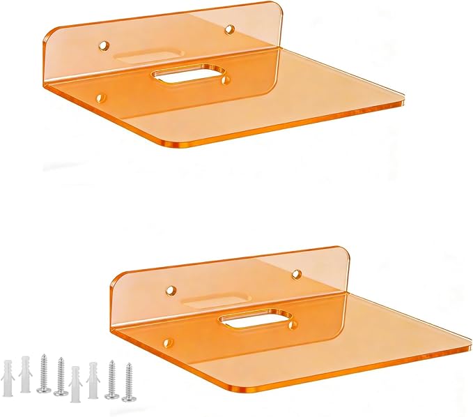 Small Floating Shelves Acrylic Wall Shelf 2 Pack Hanging Shelves for Bedroom, Gaming Room, Living Room, Bathroom, Office with Cable Clips (Orange)