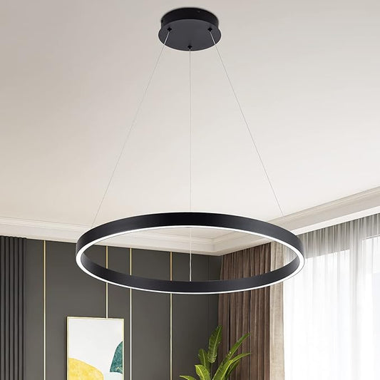 MADEM Room Decor Modern LED Pendant Light 1-Ring Circular Contemporary Chandelier 23.6'' Flush Mount Pendant Lighting for Living Dining Room Bedroom, 6000K Cool White, Black