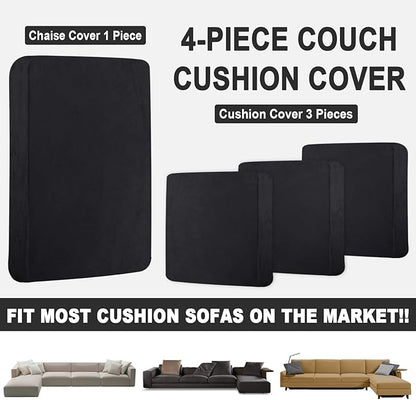Sectional Couch Covers for 4-Piece Seat Cushion Velvet Separate L Shape Couch Cover Stretch Sofa Slipcover with 2 Pieces Pillowcases Furniture Protector (Sofa 3 Seater + 1 Chaise, Black)