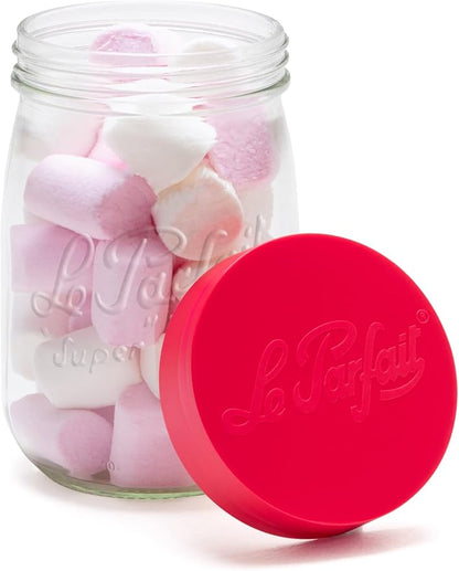 Le Parfait Screw Top Jar Wide Mouth French Glass Jar | Ideal for Food and Soup Storage, Canning, Flour, Brown Sugar, and other Baking Supplies (1L/32oz, Pack of 4, Raspberry)