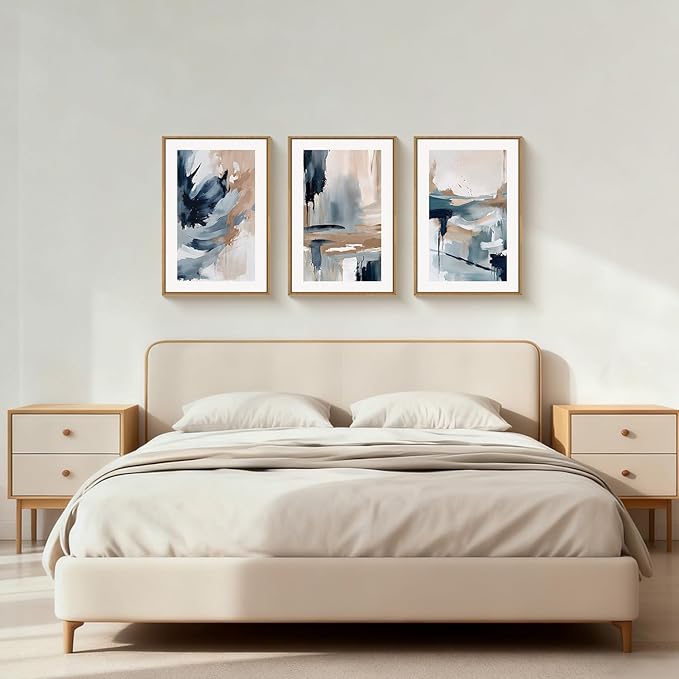 Aryroi Abstract Navy Blue Framed Canvas Wall Art Set,Neutral Brush Stroke Wall Decor,Watercolor Pastel Brown Artwork,Modern Minimalist Color Block Art Print For Living Room,Bedroom,Office-16 x24 x3