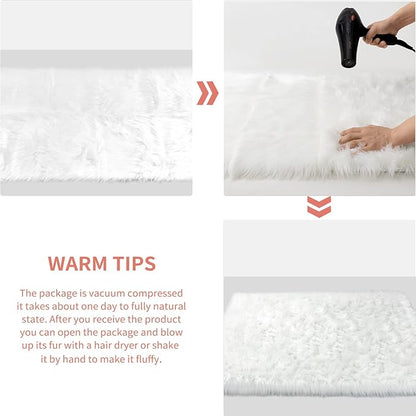Ciicool White Fur Fluffy Rug, 2x4 ft Small Faux Fur Rug for Bedroom, Washable Faux Sheepskin Rugs for Sofa Couch Seat Cushion, Thick Shaggy Furry Rugs Floor Carpets for Bedside Living Room