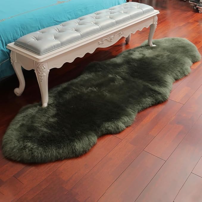 Premium Genuine Fur Sheepskin Rug Real Australia Sheepskin Natural Luxury Fluffy Lambskin Fur Area Rug Seat Covers for Kids Bedroom Sofa Chair Cover (Military Green, Double Pelt/2ft x 6ft)