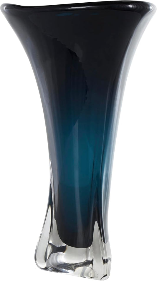 Deco 79 Glass Abstract Decorative Vase Ombre Tulip Centerpiece Vase with Clear Base, Flower Vase for Home Decoration 10" x 10" x 18", Dark Blue