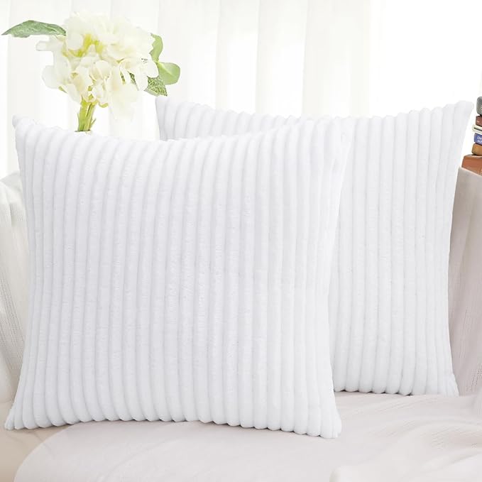 Simmore Decorative Spring Throw Pillow Covers 16x16 Set of 2, Soft Natural Plush Flannel Double-Sided Fluffy Couch Pillow Covers for Sofa Living Room, White
