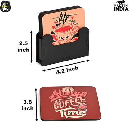 GKD Wooden Coasters for Drinks, Motivational MDF Wooden Coasters Set of 6 with Holder, 3.8 inches Eco-Friendly Absorbent Coaster for Coffee Table, Office, Bar, Drinking Glasses, Tabletop Protection