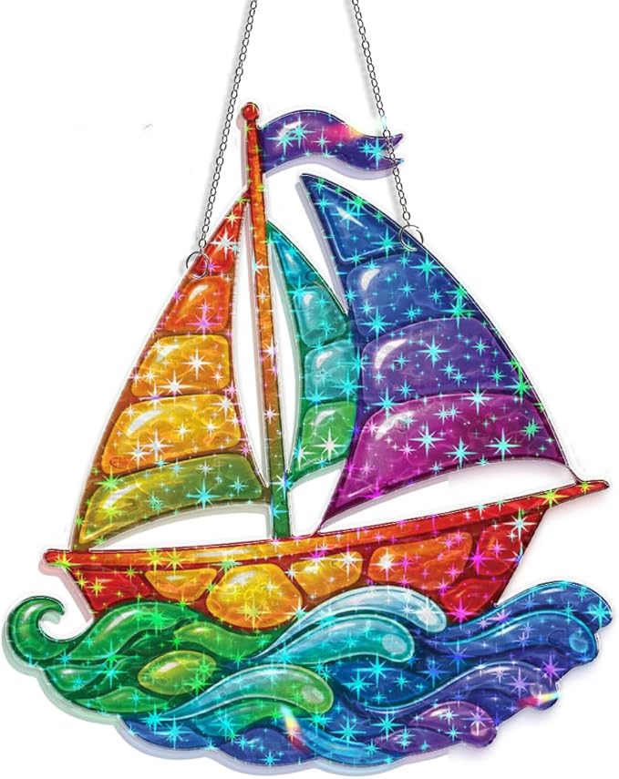 Sunlit Sailboat Waves Acrylic Suncatcher, Window Hanging Sun Catcher Ornament, Crystal Prism Light Catcher Decor, Sunlight Window Decor, Aesthetic Home Decor Gift