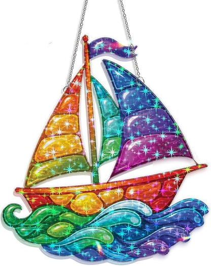 Sunlit Sailboat Waves Acrylic Suncatcher, Window Hanging Sun Catcher Ornament, Crystal Prism Light Catcher Decor, Sunlight Window Decor, Aesthetic Home Decor Gift