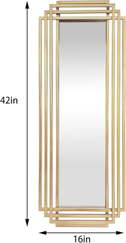 Modern Rectangle Mirror, 42"x16" Geometric Art Deco Mirror with Metal Frame, Gold Elegant Mirrors for Living Room Bedroom Bathroom Entryway Hallway, Hangs Vertically or Horizontally