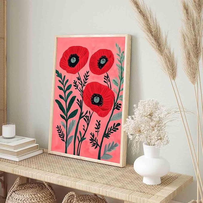 Red Poppy Wall Art Red Floral Poster Vintage Botanical Prints French Floral Artwork Antique Flower Pictures Pink Aesthetics Abstract Plants Wall Art Modern Living Room Decor 16x24inch No Frame
