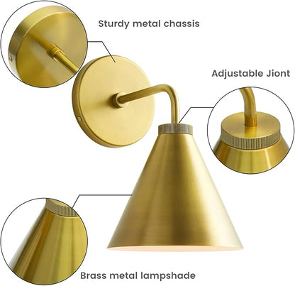 Retro Industrial Metal Cone Sconce Light - Vintage-Inspired Modern Gold Wall Sconce with Metal Shade, Wall Mount Lighting for Bedroom, Hallway, Living Room (Gold, 11 inch)