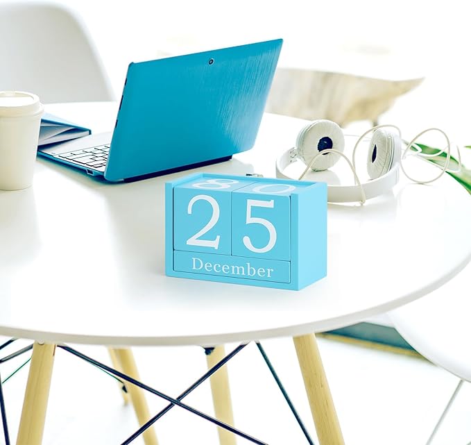 Wooden Block Calendar for Desk, Large Size Daily Desktop Perpetual Desk Calendar, Cute Date Display Desk Accessories for Home Office Decor, Teacher, Classroom, Reusable Yearly, Blue