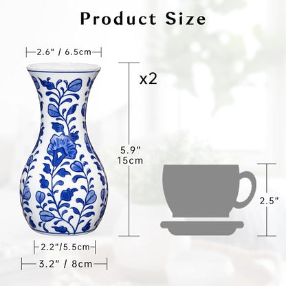 Small Blue and White Vase, 2-Pack 6 Inch Bud Ceramic Flower Vase, Retro Chinoiserie Vases for Fresh Dried Silk Flower Decor Side Table Living Room Bookshelf Antique Grand Millennial - Floral Glazed