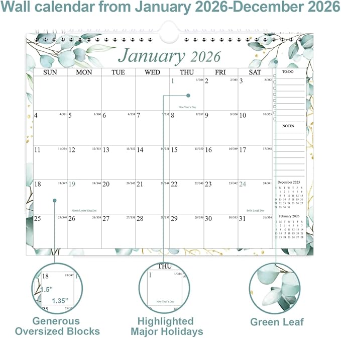 Calendar 2026-12 Months Wall Calendar from January 2026 to December 2026, 2026 Wall Hanging Calendar Planner with Thick Paper, 8.5" x 11", Teal Leaf