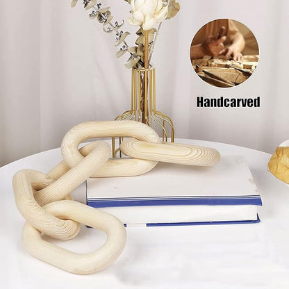 Decorative Wood Chain Link Modern Boho Home Farmhouse Decor, 5 Link Chain Decor Hand-Carved Wooden Aesthetic Crafts, Sustainable Pine Wood for Shelf, Living Room, Rustic Country