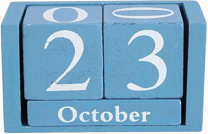 Perpetual Wooden Block Calendar, Desktop Vintage Style Mini Month Date Time Display, Home Office Decoration with 2pcs Dices, Blue, Black Wood with 12 Month Blocks (Blue)