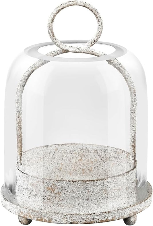 5"x7.5" Versatile Modern Metal Hurricane Lantern with Handmade Sturdy Glass Dome in Vintage White for 3" Pillar Candle & Plants, Industrial, Farmhouse, Shabby Chic
