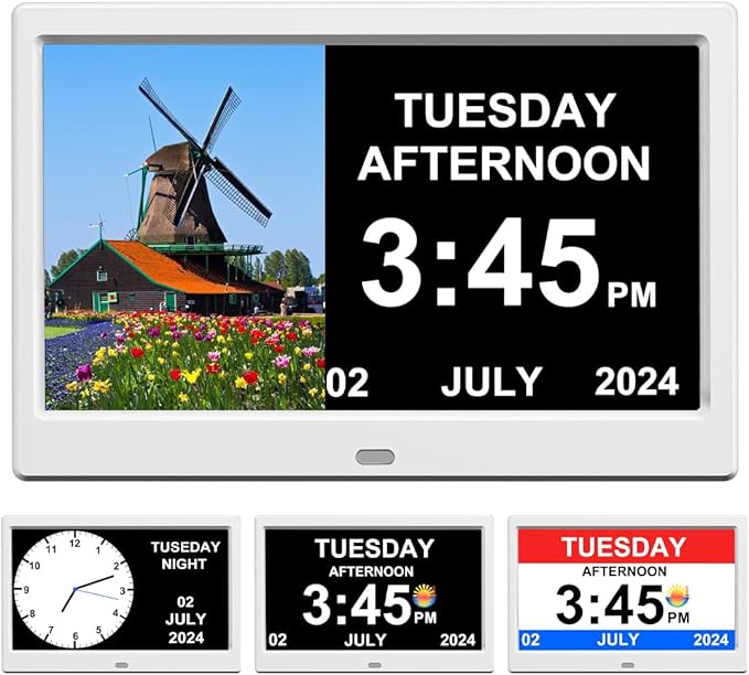 Alarm Clock with Day and Date for Elderly Digital Calendar Clock Photo Frame- Auto Dimmable Display 15 Alarm Options (10inch White)
