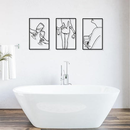 CHENGU 3 Pieces Metal Minimalist Abstract Woman Wall Art Line Drawing Wall Art Decor Single Line Female Home Hanging for Kitchen Bathroom Living Room