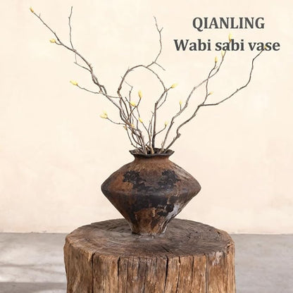 Wabi Sabi Rusty Vintage Vase, 11.4" Tall Wabi Sabi Decor Rustic Farmhouse Pottery Vase for Centerpiece, Textured Pottery Flower Vases for Home Decorative, Table, Living Room (Black Brown, Large)