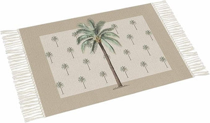 Tropical Palm Tree Large Runner Rug 4X6 Ft Living Room Area Rug, Washable Woven Brown Summer Beach Plant Throw Carpet with Tassel, Non-Shedding Farmhouse Retro Green Botanical Bedroom Office Carpets