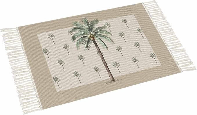 Tropical Palm Tree Entryway Rug 2X3 Ft Bathroom Mat, Washable Woven Brown Summer Beach Plant Throw Carpet with Tassel, Non-Shedding Farmhouse Retro Green Botanical Indoor Outdoor Kitchen Doormats