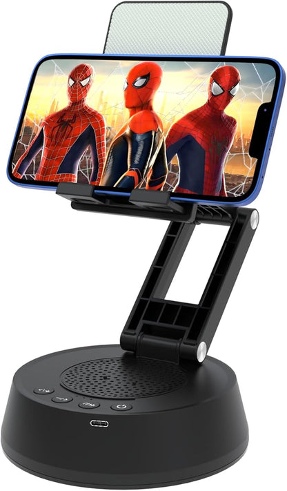 Cell Phone Stand with Wireless Bluetooth Speaker,Adjustable Height and Angle Foldable Cell Phone Stand Holder Bluetooth Speaker for Desk, Phone Stand Compatible with 4.7"-13" Smartphones(Black)
