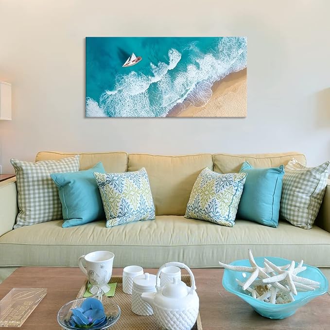 Goldfoilart Blue Ocean Sea Beach Canvas Wall Art Sailboat Painting Print on Canvas Seascape Pictures for Home Decor Living Room Bedroom Office Artwork Ready to Hang - 20"x40"