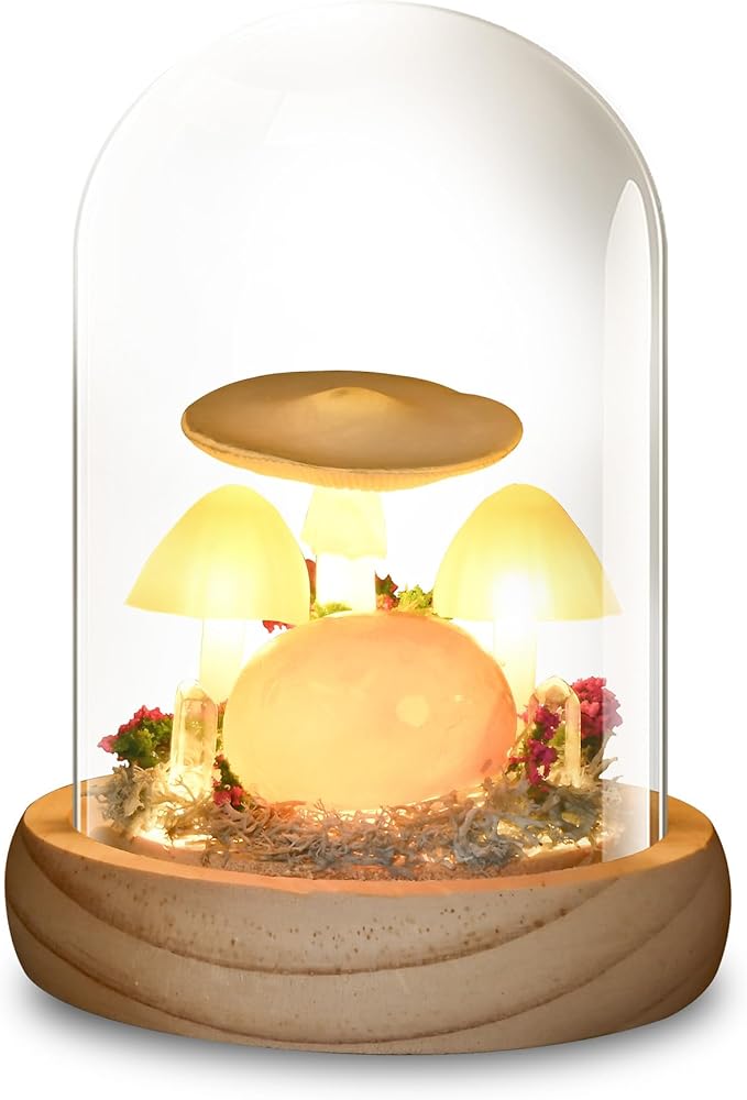 QUELIEN Mushroom Night Light in Glass Dome - Warm White LED Mushroom Lamp for Home Decor, Unique Housewarming Gifts for Women Mom, Bedroom Office Desk Decor (Yellow-1)