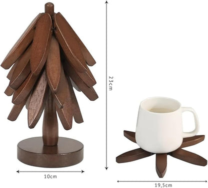 Wooden Trivets for Hot Dishes - Trivet Tree, Tree Coasters, Decorative Shape Set, 4 Coasters + 1 Stand, Walnut Foldable Hot Plate Holder for Pots, Pans, Bowls, Teapots